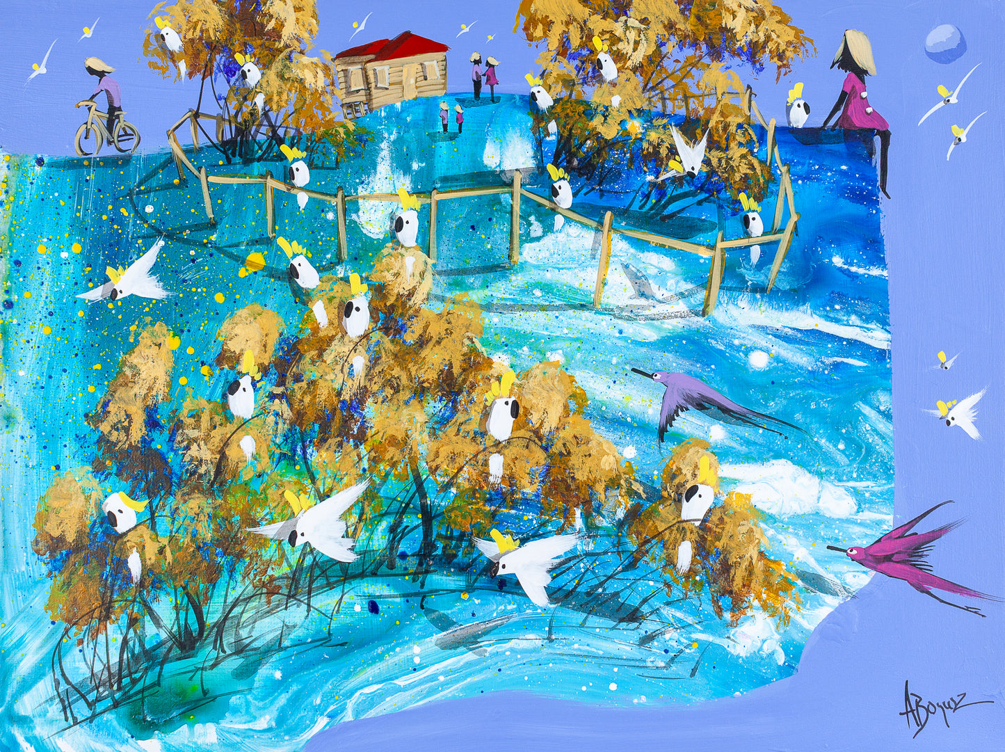 Original acrylic painting of a hillside full of cockatoos with a homestead, a cyclist and figures above blue water, by Brisbane artist Adam Bogusz
