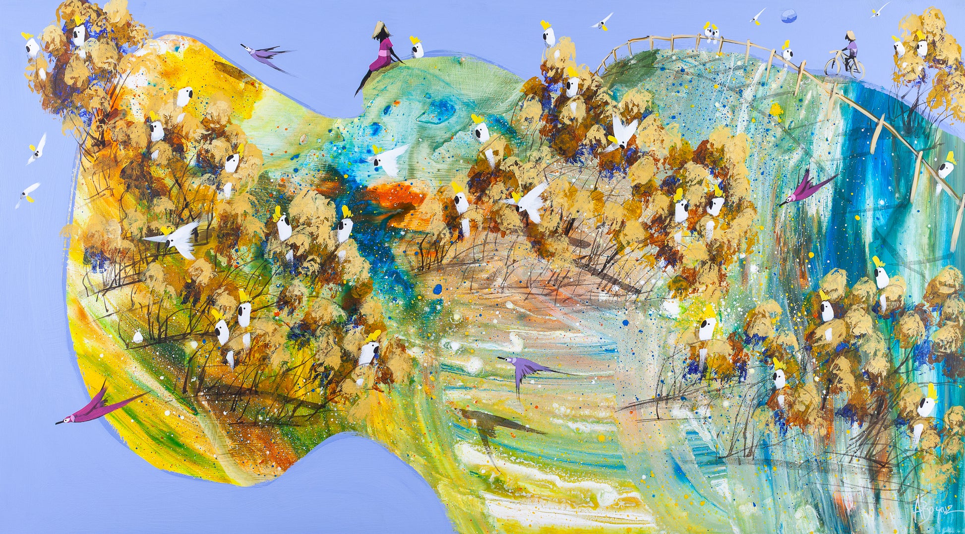 Original acrylic painting of a wide golden and green landscape crowded with cockatoos, a seated figure on the rise and a cyclist on the ridge, by Brisbane artist Adam Bogusz