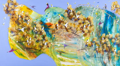 Original acrylic painting of a wide golden and green landscape crowded with cockatoos, a seated figure on the rise and a cyclist on the ridge, by Brisbane artist Adam Bogusz