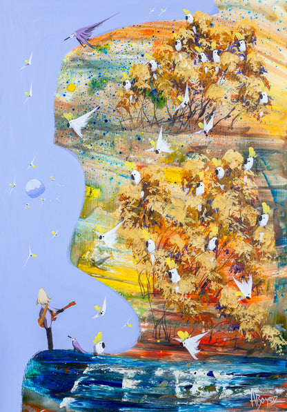 His Own Song by Adam Bogusz, expressive acrylic painting on MDF board. A curving landmass of gold, orange and yellow rises against a soft blue sky, filled with golden gum trees full of sulphur crested cockatoos. On a ledge above deep blue water flecked with white, a figure with long fair hair in a pale purple shirt plays a guitar out into the open sky, with a purple bird and a cockatoo beside him, white birds and a small moon drifting above.