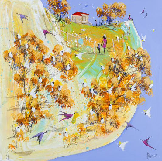 The Long Walk Home, an original acrylic painting on board by Adam Bogusz. A woman in pink walks a child by the hand along a winding path toward a cottage with a red roof, while a lone figure sits at the cliff edge and sulphur crested cockatoos fill the golden trees below.