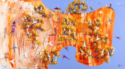 Original acrylic painting of a wide glowing red and orange landscape with cockatoos in golden trees, cyclists on the paths and a homestead on the ridge, by Brisbane artist Adam Bogusz