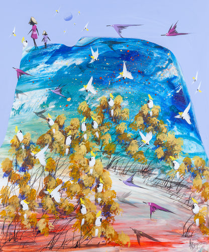Taking Turns, original acrylic painting on board by Adam Bogusz. A blue and turquoise hill rising into a light blue sky, with a woman in pink and a girl in purple standing together on the ridge looking out, sulphur crested cockatoos gathered in golden trees below and pink and purple birds flying across the slope.
