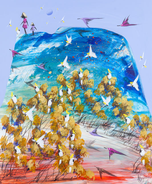 Taking Turns, original acrylic painting on board by Adam Bogusz. A blue and turquoise hill rising into a light blue sky, with a woman in pink and a girl in purple standing together on the ridge looking out, sulphur crested cockatoos gathered in golden trees below and pink and purple birds flying across the slope.