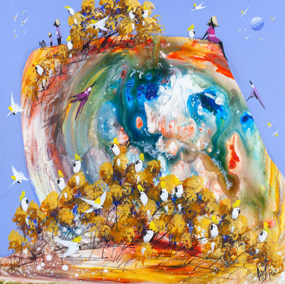 Just for a Moment, an original acrylic painting on board by Adam Bogusz. A woman in pink sits alone at the edge of a rounded hill while two figures with a birdcage stand at the far side, sulphur crested cockatoos gathered in golden foliage below and swallows crossing a blue sky.