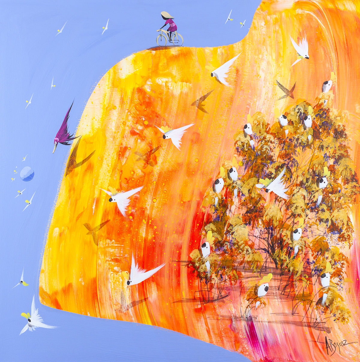 This Is It, original acrylic painting on board by Adam Bogusz. A great curving rock poured in gold, orange and red against a soft blue sky, with a girl in magenta stopped on her bicycle at the very top, sulphur crested cockatoos gathered in ochre trees and flying out across the face, a purple bird diving and a small pale moon low in the sky.