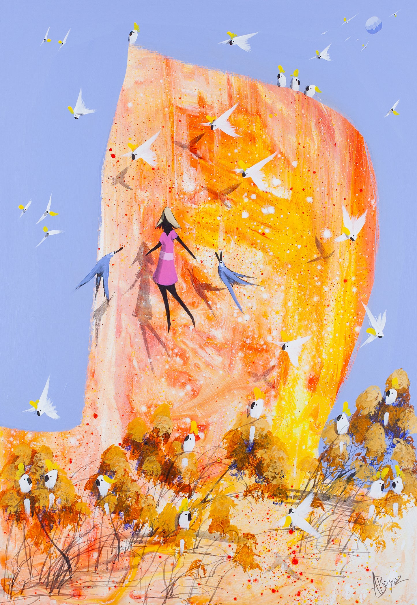Lifted, original acrylic painting on board by Adam Bogusz. Tall orange and gold rock rising against a soft blue sky, with a woman in pink floating clear of the ground, arms out, surrounded by sulphur crested cockatoos and blue birds in flight.