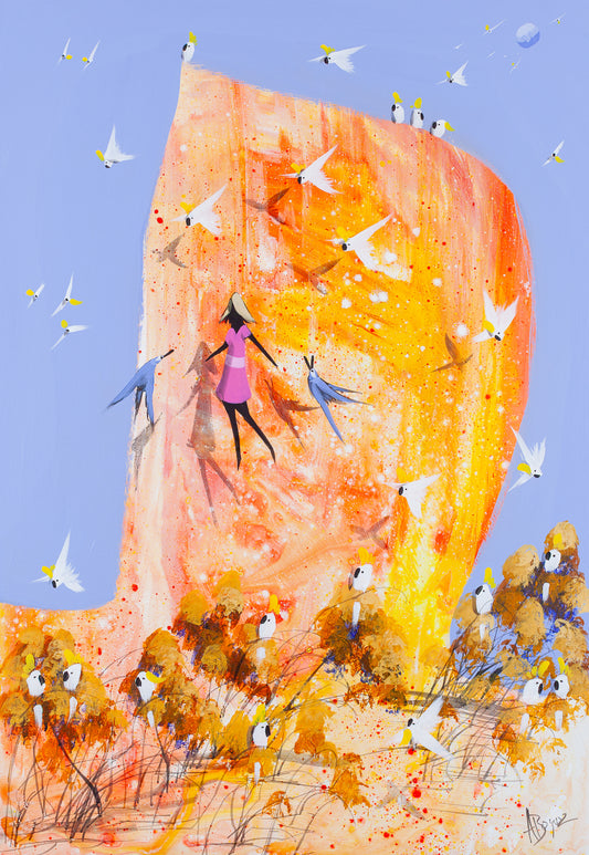 Lifted, original acrylic painting on board by Adam Bogusz. Tall orange and gold rock rising against a soft blue sky, with a woman in pink floating clear of the ground, arms out, surrounded by sulphur crested cockatoos and blue birds in flight.