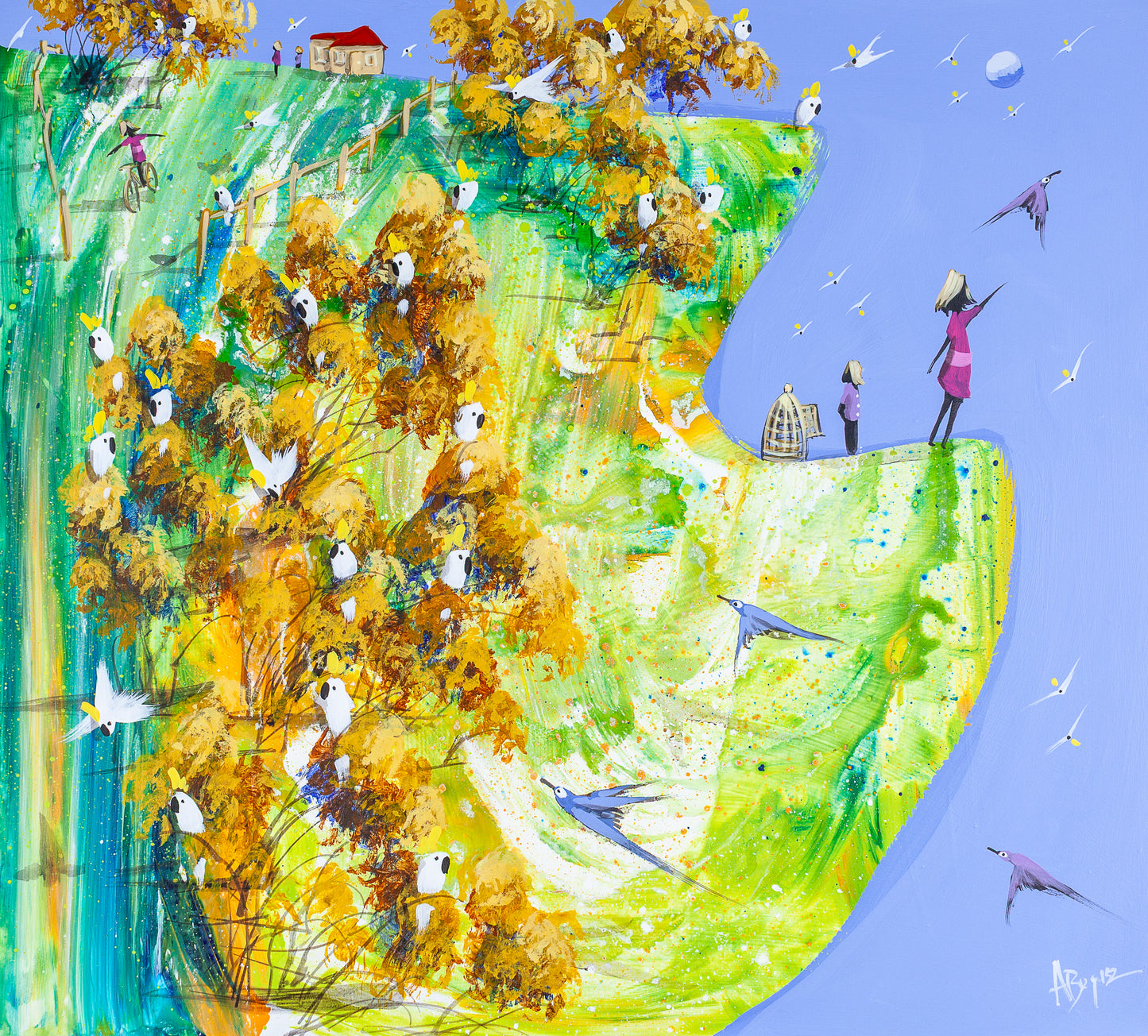 Original acrylic painting of cockatoos in golden trees on a green hillside with two figures and an open birdcage at the edge, by Brisbane artist Adam Bogusz