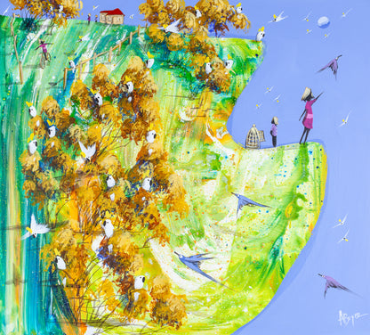 Original acrylic painting of cockatoos in golden trees on a green hillside with two figures and an open birdcage at the edge, by Brisbane artist Adam Bogusz