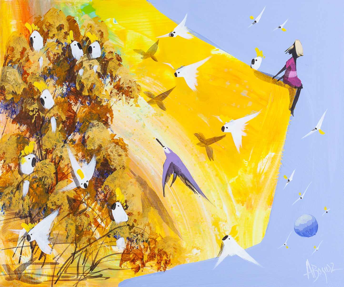A Different Bird, original acrylic painting on board by Adam Bogusz. Golden landscape against a soft blue sky, with sulphur crested cockatoos crowded into ochre trees on the left and a woman in pink sitting alone on the far edge of the light.