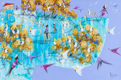 Already Here, an original acrylic painting on board by Adam Bogusz. Cyclists and figures move across a turquoise hillside dotted with golden trees full of sulphur crested cockatoos, a cottage with a red roof at the top left and pink and violet swallows crossing a blue sky.