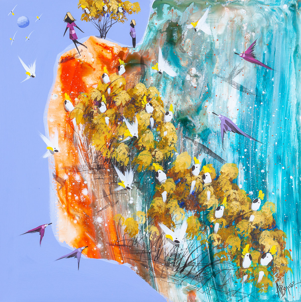 On My Way, original acrylic painting on board by Adam Bogusz. Orange and turquoise landscape under a soft blue sky, with a woman in pink walking across the ridge toward a figure in purple waiting beside a small tree, and sulphur crested cockatoos gathered through golden foliage.