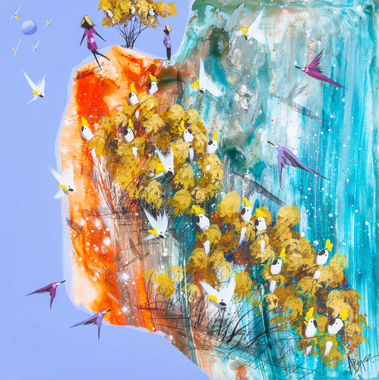 On My Way, original acrylic painting on board by Adam Bogusz. Orange and turquoise landscape under a soft blue sky, with a woman in pink walking across the ridge toward a figure in purple waiting beside a small tree, and sulphur crested cockatoos gathered through golden foliage.