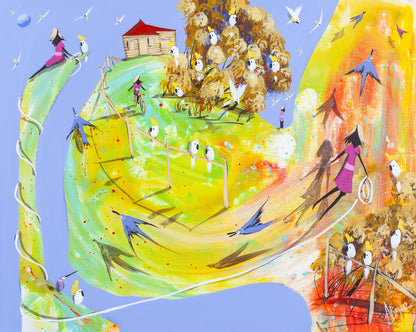 Expressive acrylic painting of a girl in a magenta dress holding a white rope that winds through a colourful Australian landscape with cockatoos, blue swallows and a small house on a green hill, titled It Was Me All Along by Adam Bogusz.