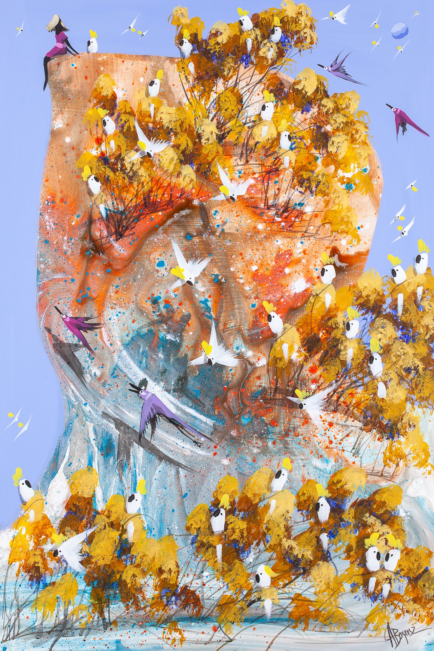 A Good Place to Land, an original acrylic painting on board by Adam Bogusz. A woman in pink sits at the top of a tall orange rock face crowded with sulphur crested cockatoos in golden trees, swallows and a pale moon in the blue sky.