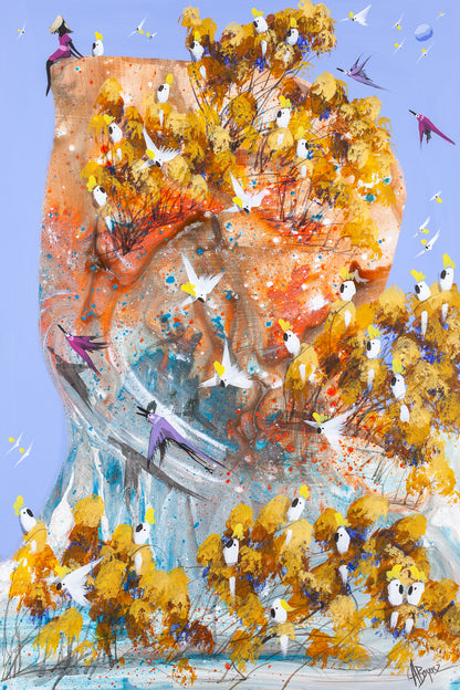 A Good Place to Land, an original acrylic painting on board by Adam Bogusz. A woman in pink sits at the top of a tall orange rock face crowded with sulphur crested cockatoos in golden trees, swallows and a pale moon in the blue sky.