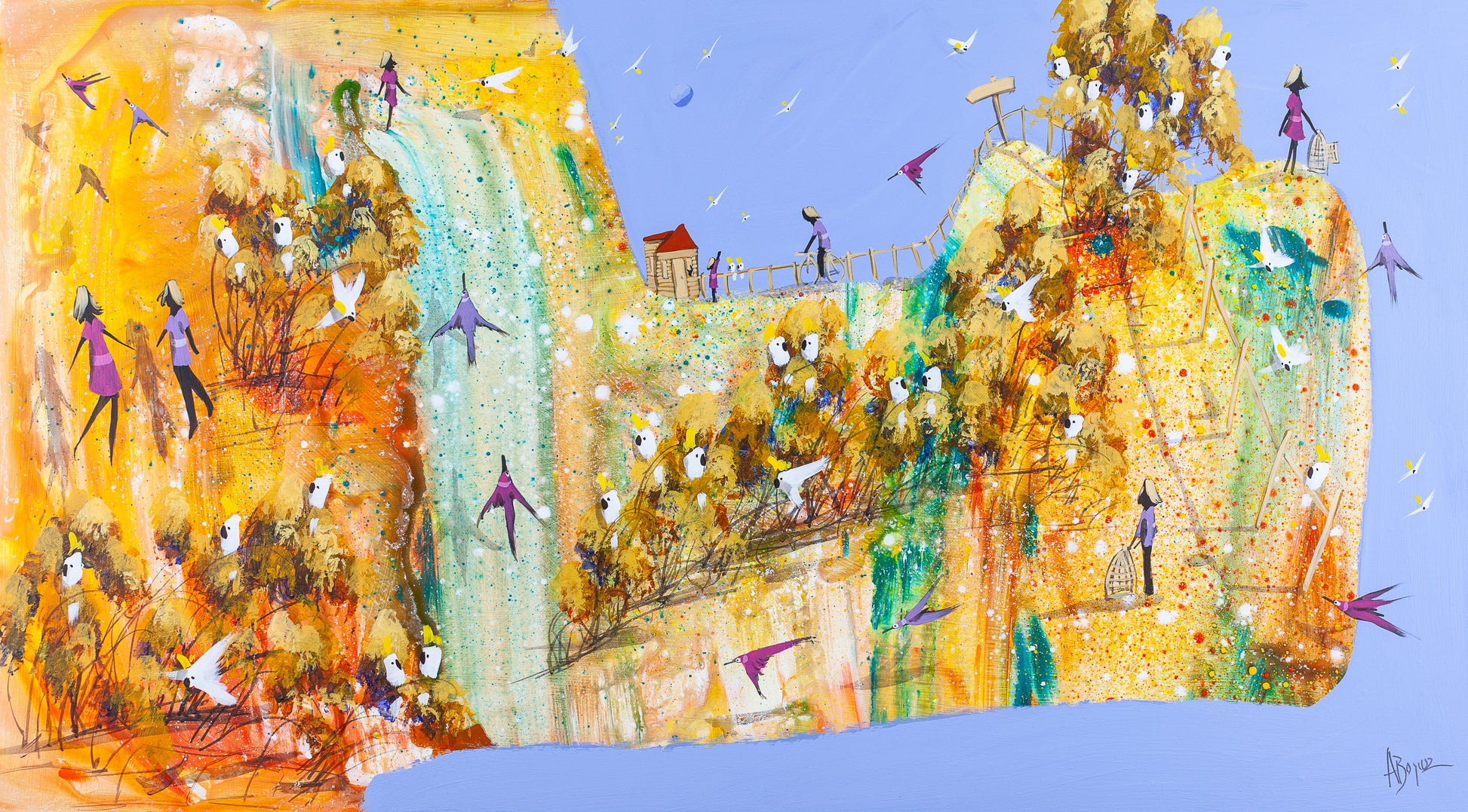 Original acrylic painting of a glowing golden landscape with cockatoos in the trees, a waterfall, a homestead and figures carrying empty birdcages, by Brisbane artist Adam Bogusz