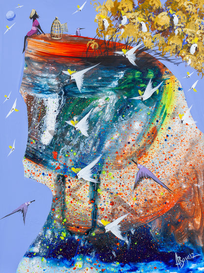 Nothing to Hold, an original acrylic painting on board by Adam Bogusz. A woman in pink sits at the edge of a cliff beside an open birdcage, while sulphur crested cockatoos and swallows stream out across a richly textured landscape of orange, deep blue and green beneath a blue sky.