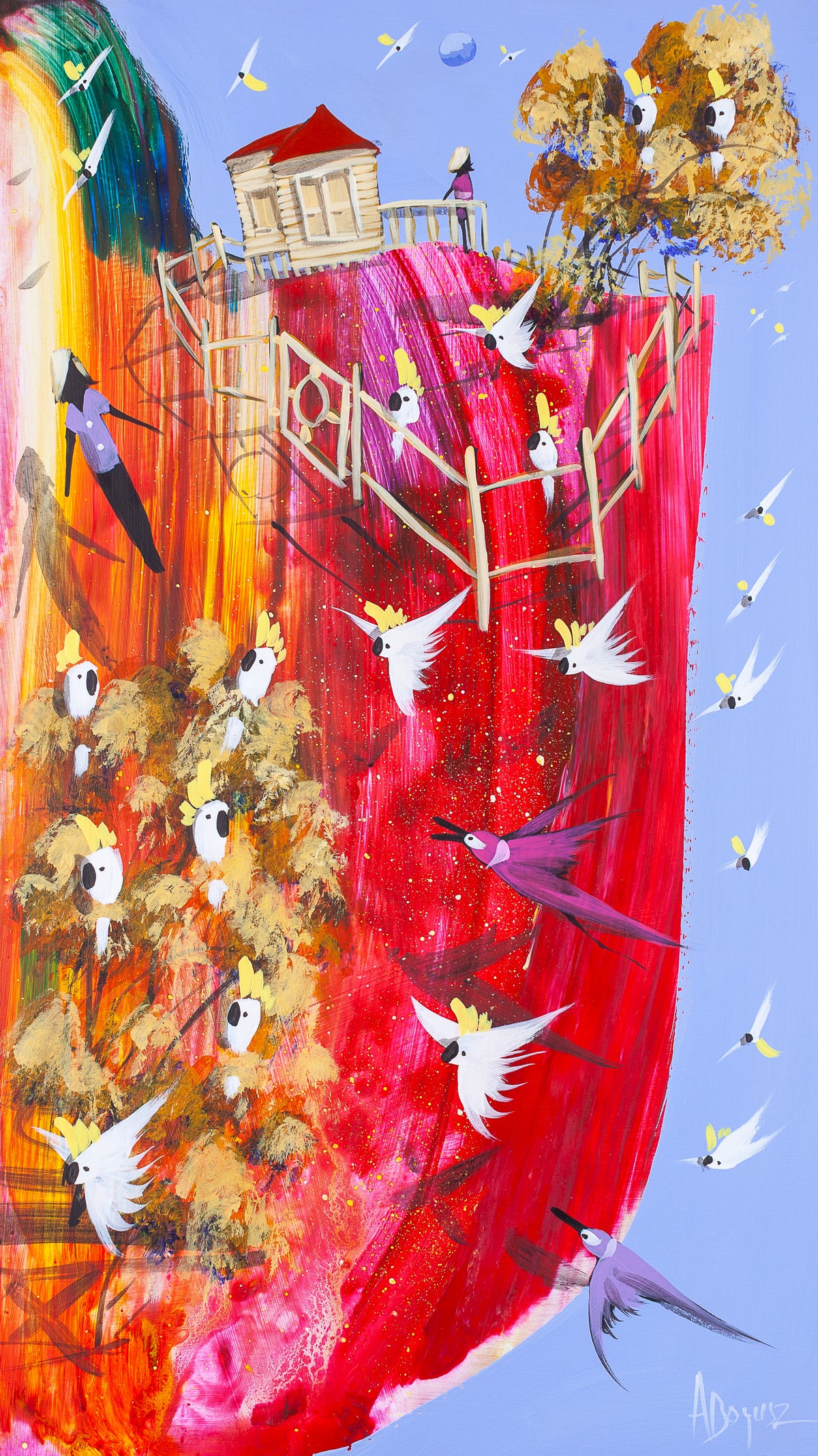 Still in Sight, original acrylic painting on board by Adam Bogusz. Tall red, orange and magenta landscape against a soft blue sky, with a red roofed house and a figure at the verandah rail inside a winding fence, a second figure drifting in the air outside it, and sulphur crested cockatoos gathered in golden trees.
