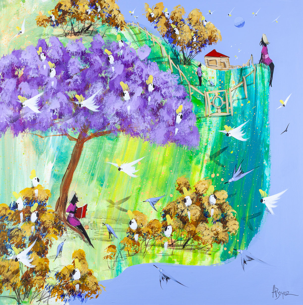 Just a Story by Adam Bogusz, expressive acrylic painting on MDF board. A girl in a pink dress sits reading a red book beneath a purple jacaranda full of sulphur crested cockatoos, with small pale blue birds gathered around her on a bright green and yellow hillside. Golden gum trees full of cockatoos fill the slope, and a long timber fence with an ornate gate climbs to a cottage with a red roof, where a figure in pale purple stands and a second girl in pink sits at the very edge against a soft blue sky with 
