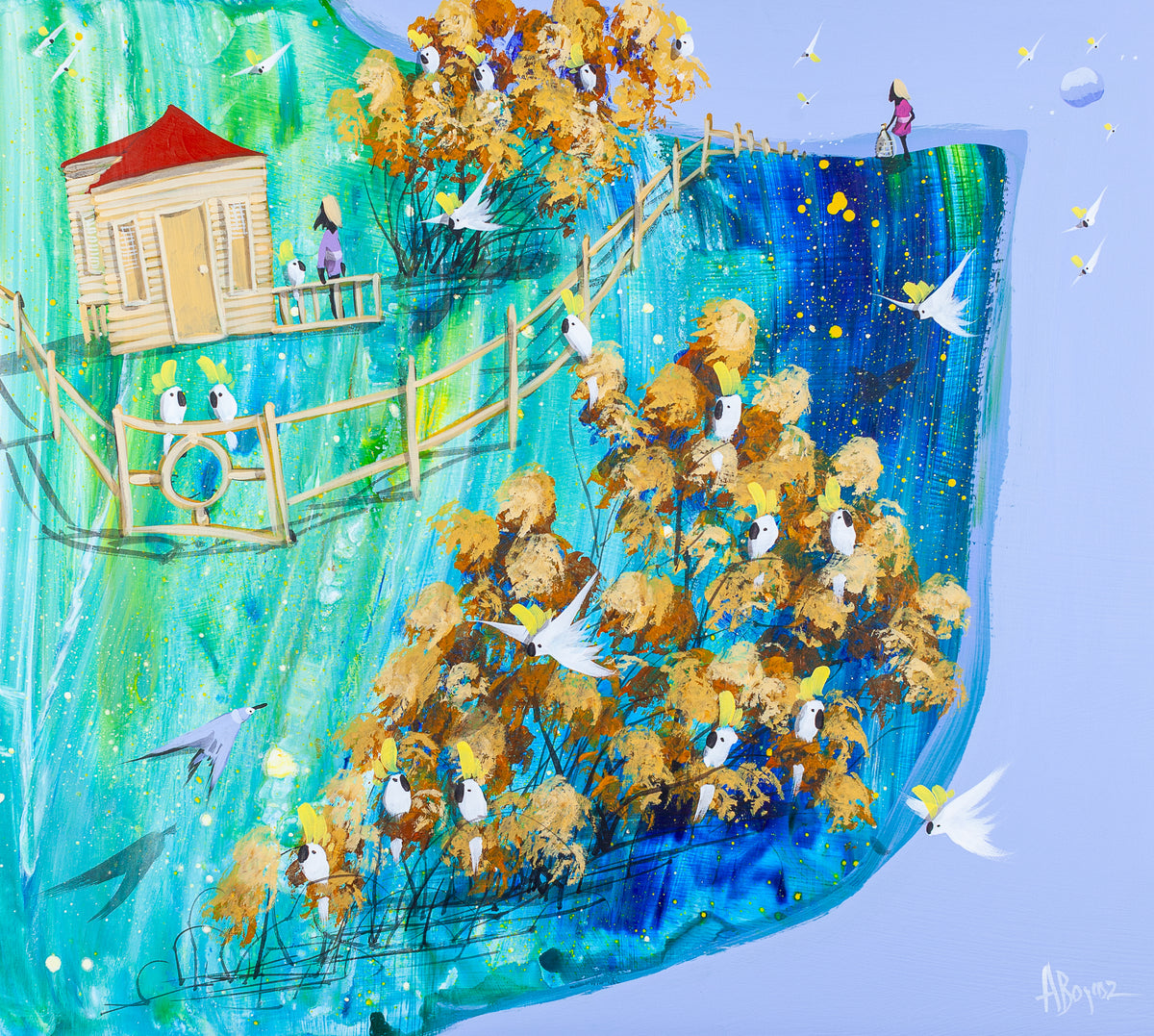 The Open Cage by Adam Bogusz, expressive acrylic painting on MDF board. A timber cottage with a red roof sits on a turquoise and green hillside, where a boy in a pale purple shirt stands on the verandah beside a cockatoo. A long timber fence with an ornate round gate, two cockatoos perched on it, runs up to the far edge, where a girl in a pink dress stands holding an empty birdcage above a deep starry blue drop. Golden gum trees full of sulphur crested cockatoos fill the slope, with white birds, a pale blue