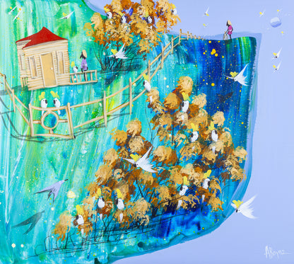 The Open Cage by Adam Bogusz, expressive acrylic painting on MDF board. A timber cottage with a red roof sits on a turquoise and green hillside, where a boy in a pale purple shirt stands on the verandah beside a cockatoo. A long timber fence with an ornate round gate, two cockatoos perched on it, runs up to the far edge, where a girl in a pink dress stands holding an empty birdcage above a deep starry blue drop. Golden gum trees full of sulphur crested cockatoos fill the slope, with white birds, a pale blue