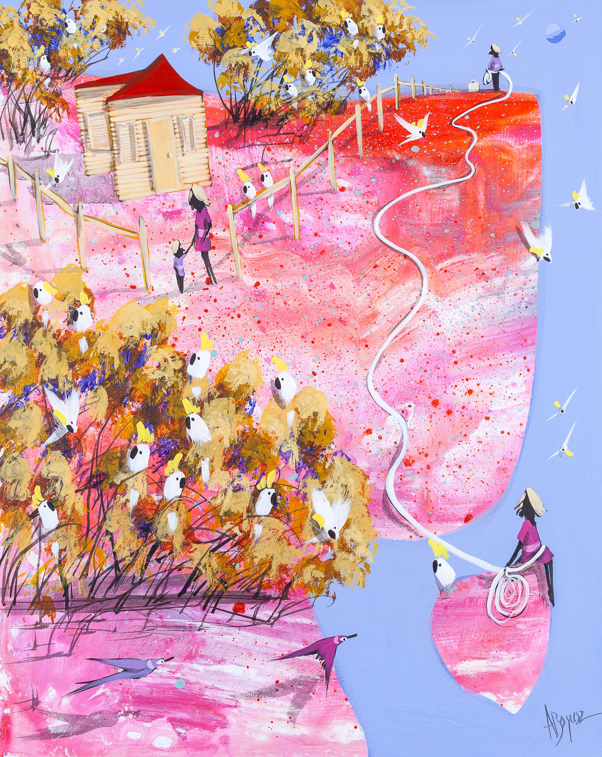 Expressive acrylic painting of a thin white line held between two figures across a pink and red Australian landscape, with a mother and child holding hands, cockatoos in golden trees and a small house with a red roof, titled Still Holding On by Adam Bogusz.