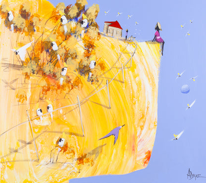 Within Sight of Home, original acrylic painting on board by Adam Bogusz. Golden hillside against a soft blue sky, with a woman in pink sitting at the edge beyond the fence line, a red roofed house and a second figure behind her, and sulphur crested cockatoos gathered in ochre trees.