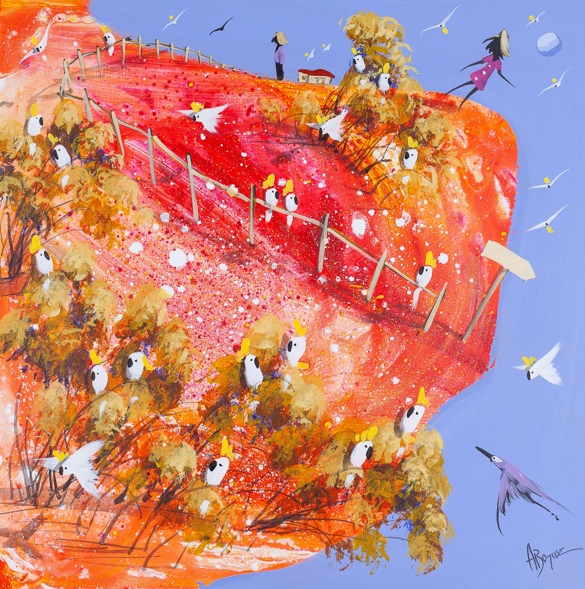 Original acrylic painting of cockatoos in golden trees on a glowing red and orange hillside under a lilac sky, by Brisbane artist Adam Bogusz