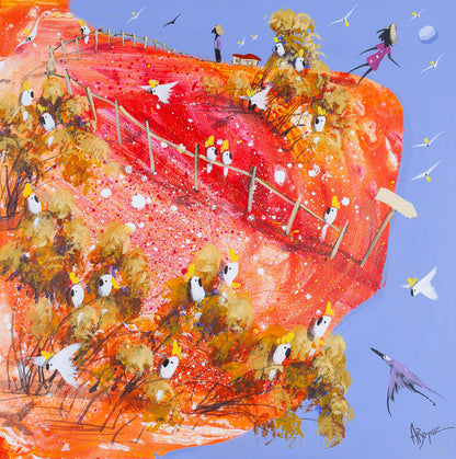 Original acrylic painting of cockatoos in golden trees on a glowing red and orange hillside under a lilac sky, by Brisbane artist Adam Bogusz