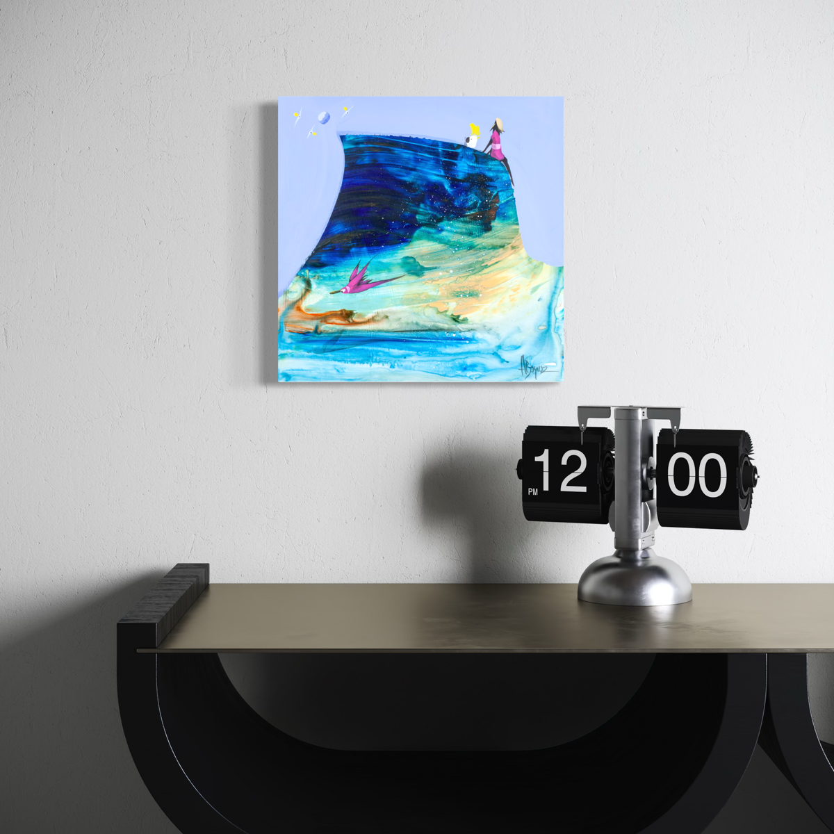 Sitting Quietly by Adam Bogusz hanging above a black console with a curved base and a metal top beside a retro flip clock, shown to scale in a living space.