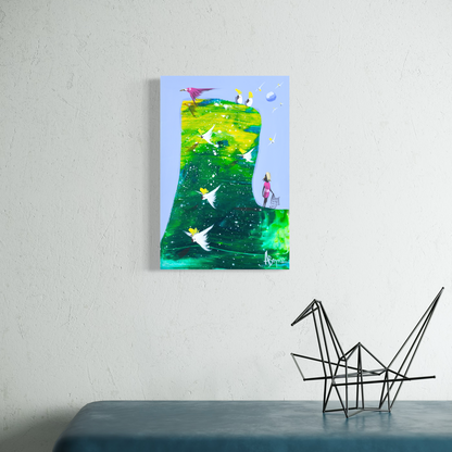 Not Mine to Keep by Adam Bogusz hanging on a white wall above a teal upholstered bench with a black wire crane sculpture, shown to scale in a living space.
