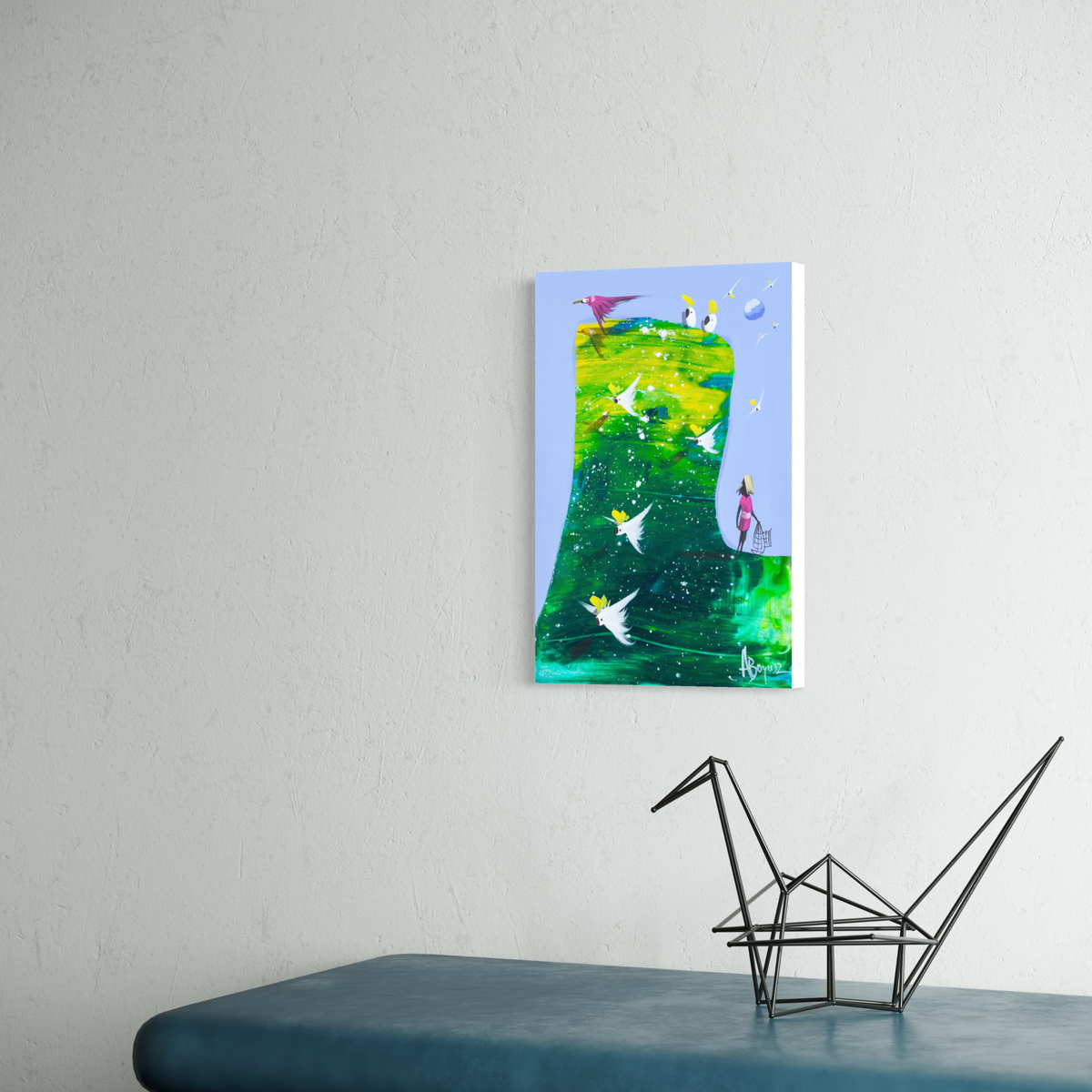 Angled view of Not Mine to Keep by Adam Bogusz on a white wall above a teal bench, showing the depth of the board edge.
