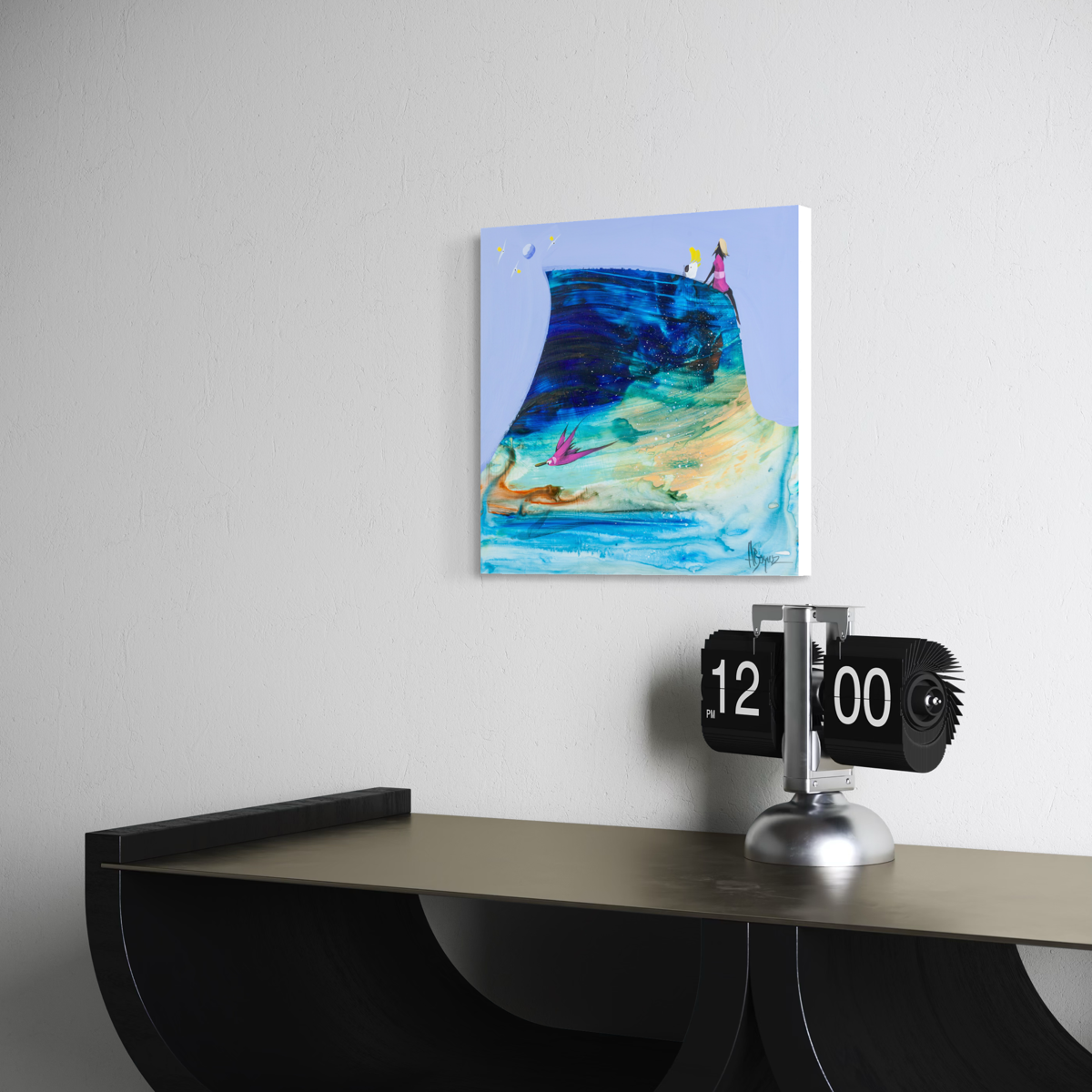 Angled view of Sitting Quietly by Adam Bogusz on a white wall above a black console, showing the depth of the board edge.