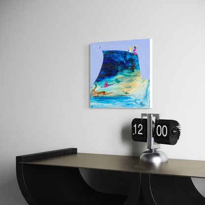 Angled view of Sitting Quietly by Adam Bogusz on a white wall above a black console, showing the depth of the board edge.