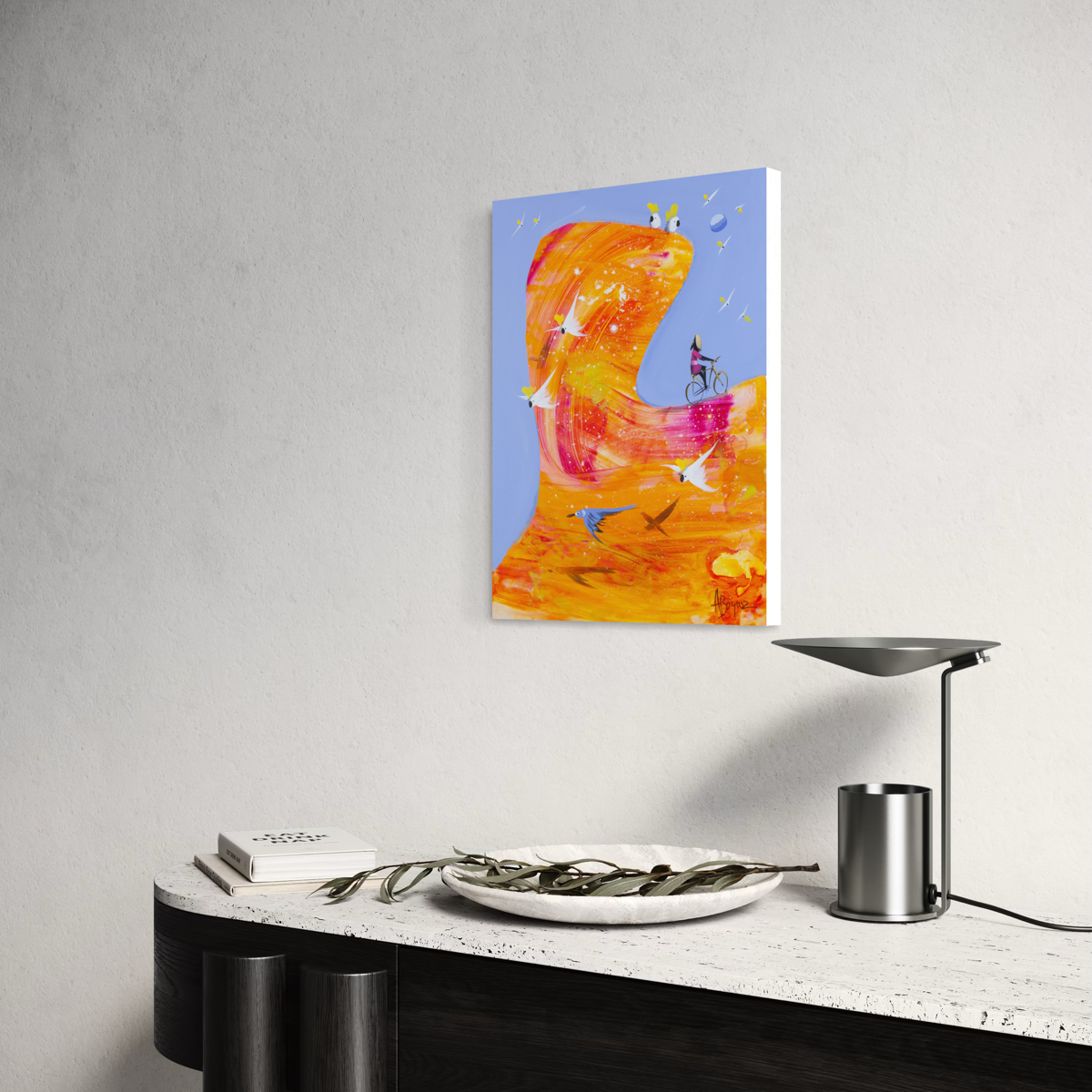 Angled view of Let It Come by Adam Bogusz on a white wall above a black console with a stone top, showing the depth of the board edge.