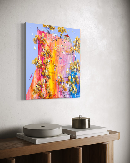 Angled view of No Hands by Adam Bogusz on a white wall above a timber sideboard, showing the depth of the board edge.